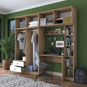 Kalune Design Sada dětského nábytku Baren s psacím stolem, šatní skříní a regálem bílá/ořech