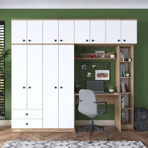 Kalune Design Sada dětského nábytku Baren s psacím stolem, šatní skříní a regálem bílá/ořech