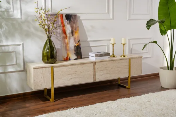 TV stolík Serenity - Travertine, Gold