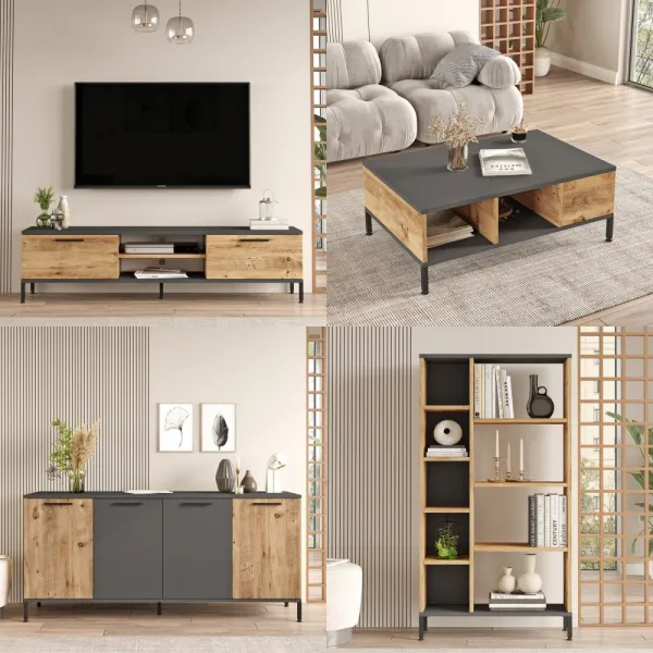 Kalune Design Sada nábytku do obývacího pokoje RI6 borovice Atlantic/antracit