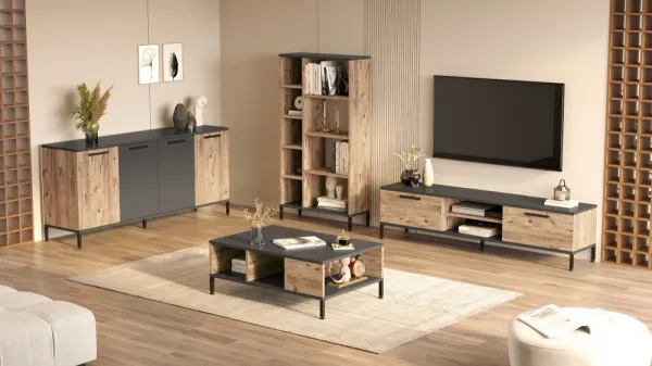 Kalune Design Sada nábytku do obývacího pokoje RI6 borovice Atlantic/antracit