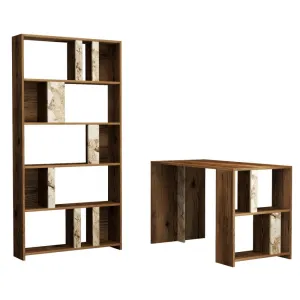 Písací stôl s knižnicou Lima - Walnut, White Marble