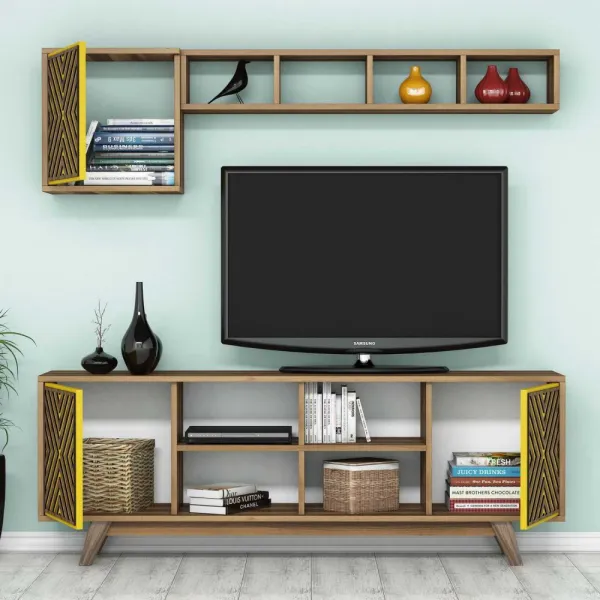 TV skrinka / Obývacia stena Inci - Walnut, Yellow