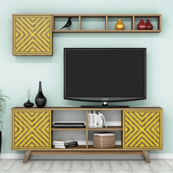 TV skrinka / Obývacia stena Inci - Walnut, Yellow