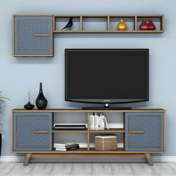 TV skrinka / Obývacia stena Ayla - Walnut, Blue