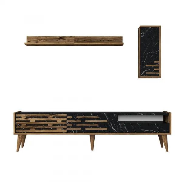 TV skrinka / Obývacia stena Valensiya - Walnut, Black, Marble