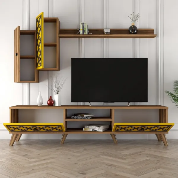 TV skrinka / Obývacia stena Class S - Walnut, Yellow