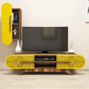 TV skrinka / Obývacia stena Defne - Walnut, Yellow