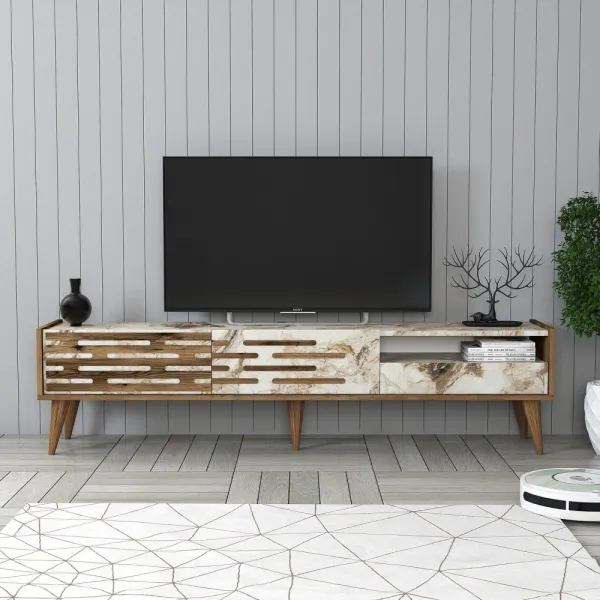 TV stolík Valensiya - Walnut, White, Marble