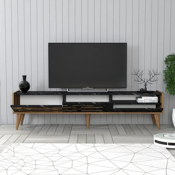 TV stolík Valensiya - Walnut, Black, Marble
