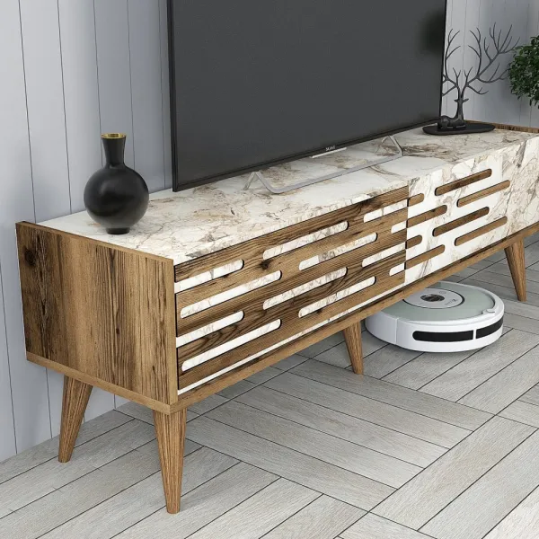 TV skrinka / Obývacia stena Valensiya 140 - Walnut, White, Marble