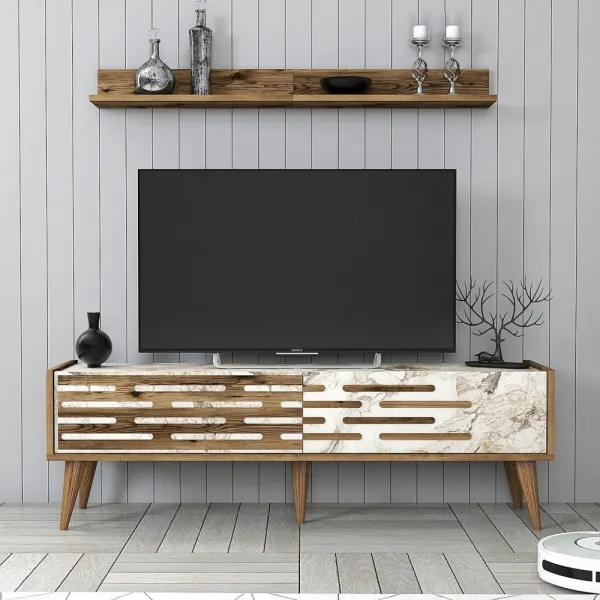 TV skrinka / Obývacia stena Valensiya 140 - Walnut, White, Marble