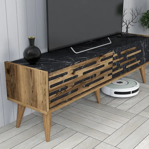 TV skrinka / Obývacia stena Valensiya 140 - Walnut, Black, Marble