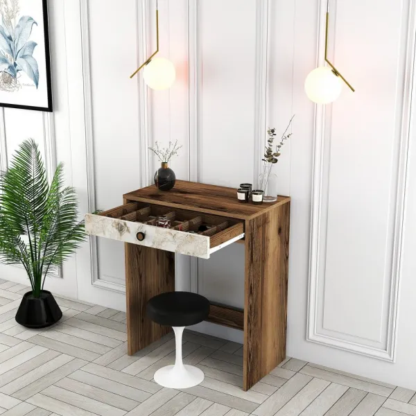 Toaletný stolík Lizbon - Walnut, White, Marble
