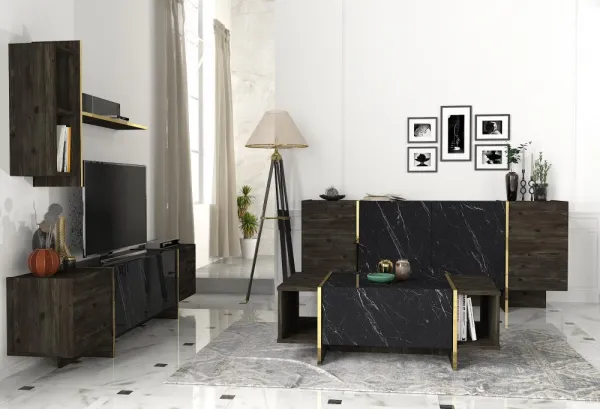 Kalune Design Sada nábytku do obývacího pokoje Veyron hnědá/mramor/zlatá