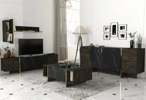 Kalune Design Sada nábytku do obývacího pokoje Veyron hnědá/mramor/zlatá
