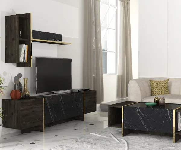 Kalune Design Sada nábytku do obývacího pokoje Veyron hnědá/mramor/zlatá II