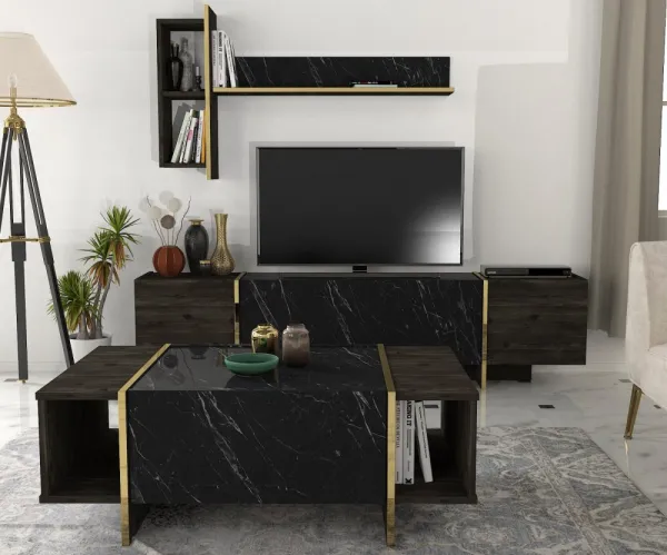 Kalune Design Sada nábytku do obývacího pokoje Veyron hnědá/mramor/zlatá II