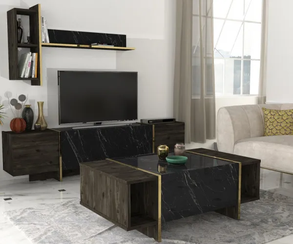Kalune Design Sada nábytku do obývacího pokoje Veyron hnědá/mramor/zlatá II