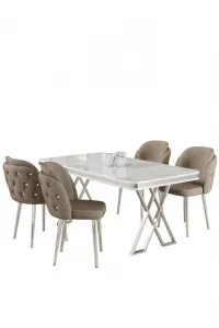 Dining Table & Chairs Set (5 Pieces) Rigel - White, Chrome, Cappuccino