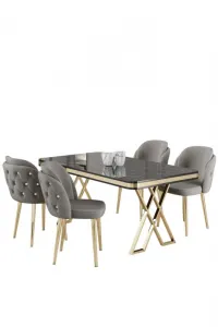 Dining Table & Chairs Set (5 Pieces) Rigel - Black Marble, Gold, Grey