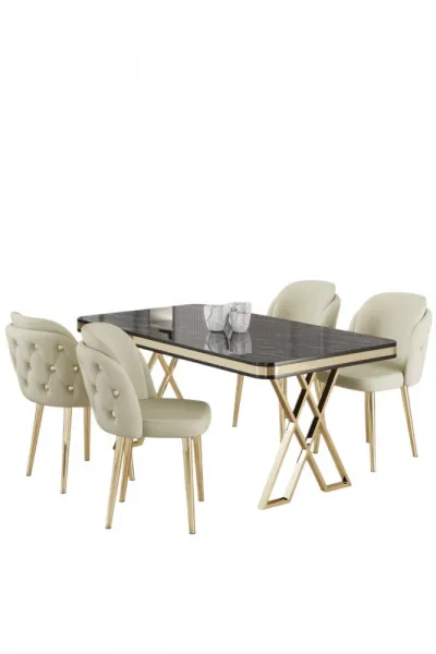 Dining Table & Chairs Set (5 Pieces) Rigel - Black Marble, Gold, Cream
