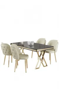 Dining Table & Chairs Set (5 Pieces) Rigel - Black Marble, Gold, Cream