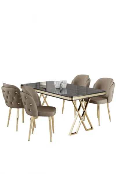 Dining Table & Chairs Set (5 Pieces) Rigel - Black Marble, Gold, Cappuccino