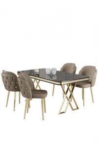 Dining Table & Chairs Set (5 Pieces) Rigel - Black Marble, Gold, Cappuccino