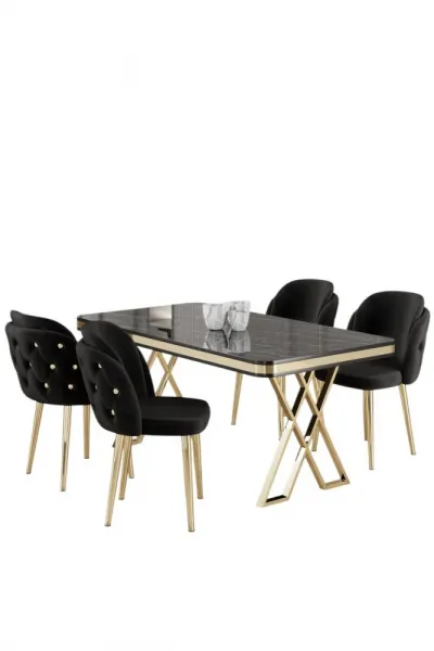 Dining Table & Chairs Set (5 Pieces) Rigel - Black Marble, Gold, Black