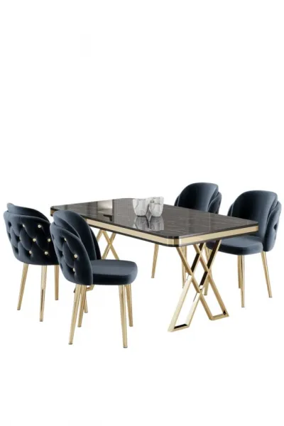 Dining Table & Chairs Set (5 Pieces) Rigel - Black Marble, Gold, Anthracite