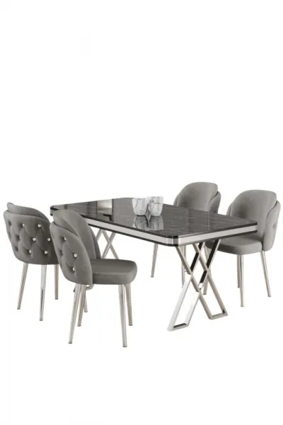 Dining Table & Chairs Set (5 Pieces) Rigel - Black Marble, Chrome, Grey