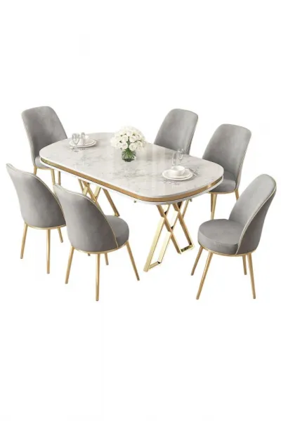 Dining Table & Chairs Set (7 Pieces) Lai - White, Gold, Grey