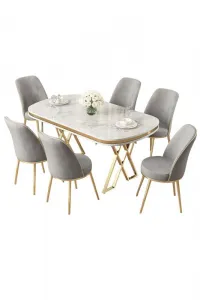 Dining Table & Chairs Set (7 Pieces) Lai - White, Gold, Grey