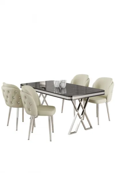 Dining Table & Chairs Set (5 Pieces) Rigel - Black Marble, Chrome, Cream
