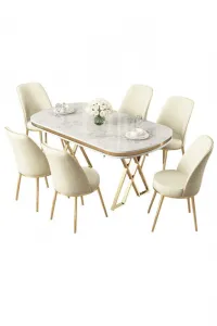 Dining Table & Chairs Set (7 Pieces) Lai - White, Gold, Cream