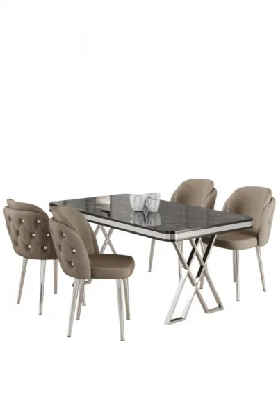Dining Table & Chairs Set (5 Pieces) Rigel - Black Marble, Chrome, Cappuccino