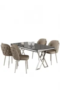 Dining Table & Chairs Set (5 Pieces) Rigel - Black Marble, Chrome, Cappuccino