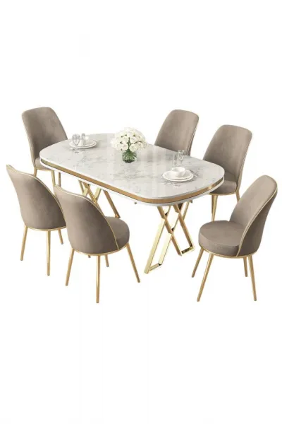 Dining Table & Chairs Set (7 Pieces) Lai - White, Gold, Cappuccino