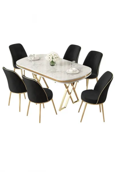 Dining Table & Chairs Set (7 Pieces) Lai - White, Gold, Black