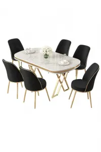 Dining Table & Chairs Set (7 Pieces) Lai - White, Gold, Black