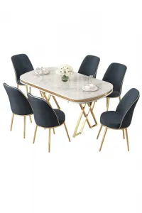 Dining Table & Chairs Set (7 Pieces) Lai - White, Gold, Anthracite