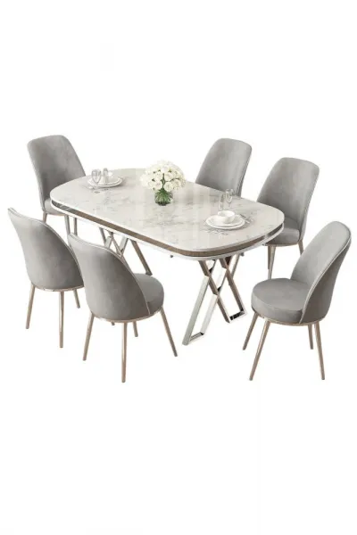 Dining Table & Chairs Set (7 Pieces) Lai - White, Chrome, Grey