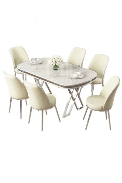 Dining Table & Chairs Set (7 Pieces) Lai - White, Chrome, Cream