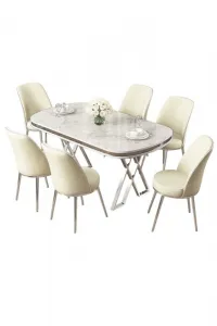 Dining Table & Chairs Set (7 Pieces) Lai - White, Chrome, Cream