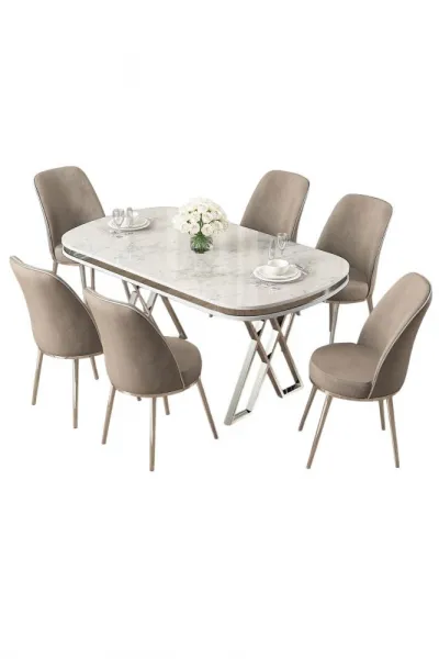 Dining Table & Chairs Set (7 Pieces) Lai - White, Chrome, Cappuccino