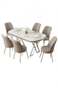 Dining Table & Chairs Set (7 Pieces) Lai - White, Chrome, Cappuccino