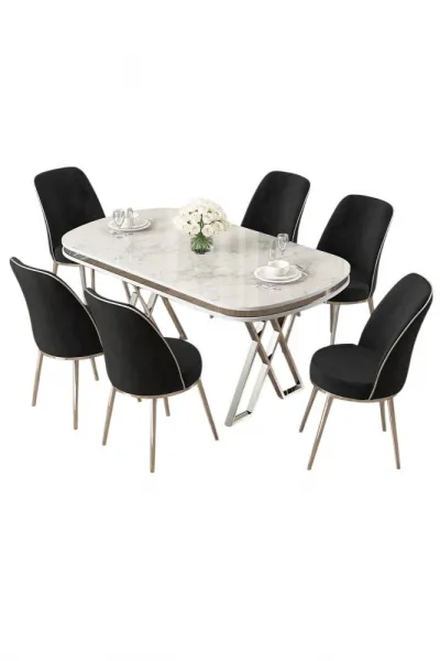 Dining Table & Chairs Set (7 Pieces) Lai - White, Chrome, Black
