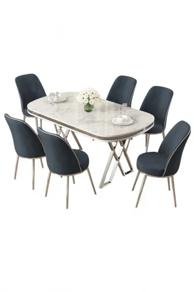Dining Table & Chairs Set (7 Pieces) Lai - White, Chrome, Anthracite
