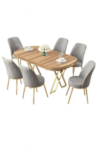 Dining Table & Chairs Set (7 Pieces) Lai - Light Walnut, Gold, Grey